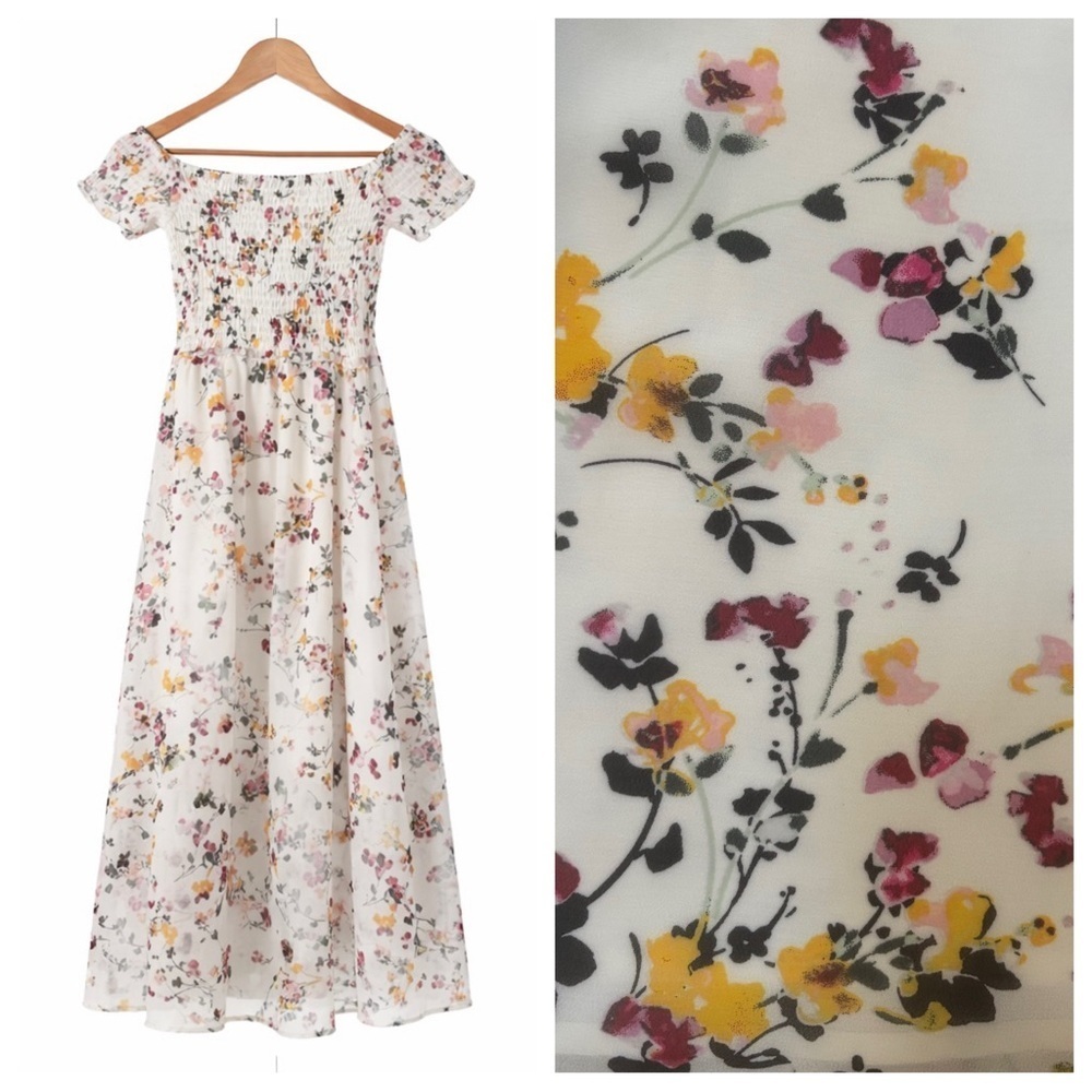 Sam Edelman Floral Off Shoulder Smocked Feminine Maxi Dress Size 6